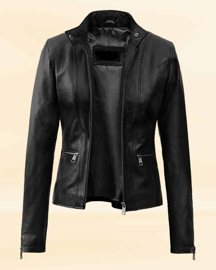 Round neck leather jacket for women in USA