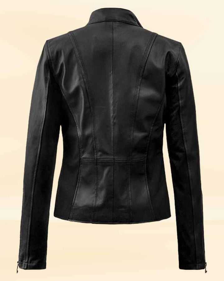 USA-made round neck leather jacket for women