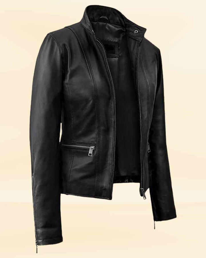 Round neck leather outerwear for women in the USA