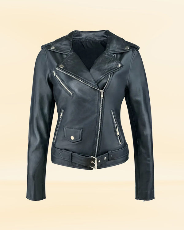 Buy Women's Black Leather Biker Jacket with Rhinestone Studs