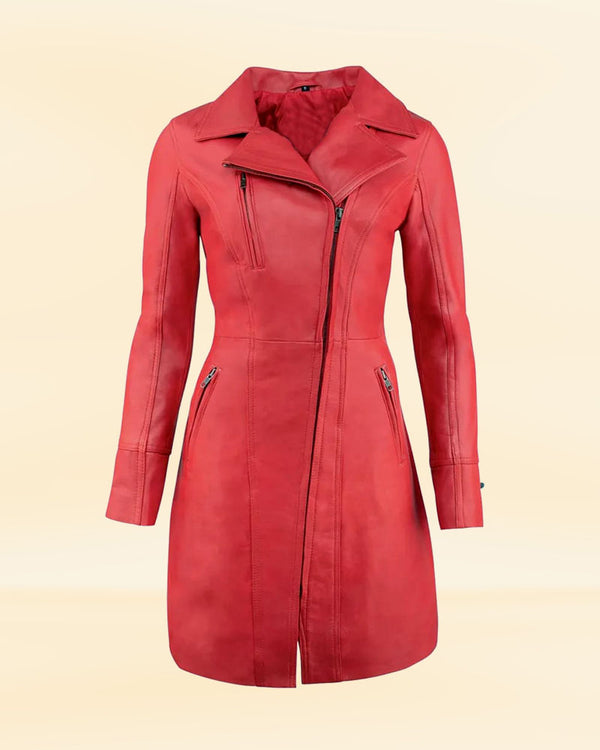 Women's Red Leather Coat | Women Long Coat