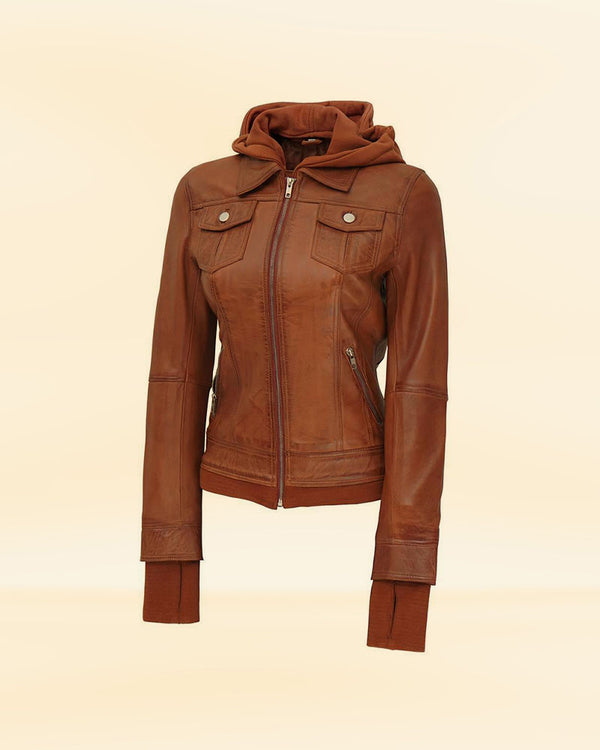 Women's Brown Leather Bomber Jacket with Removable Hood