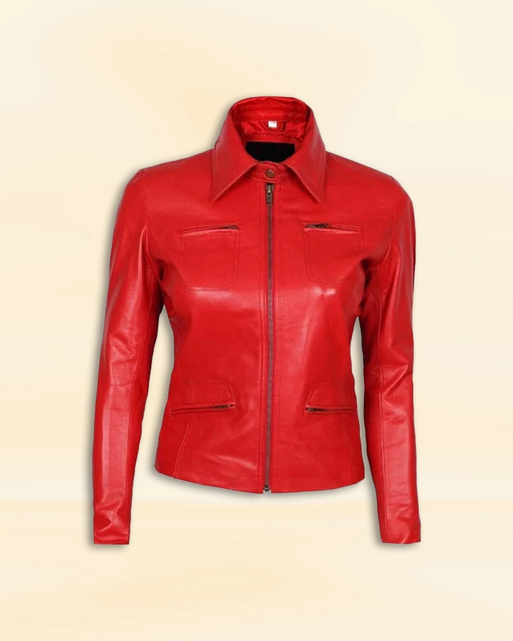 Emma Swan Red Leather Jacket - Make a bold statement with this stunning red leather jacket worn by Emma Swan in the TV series Once Upon a Time. in USA market