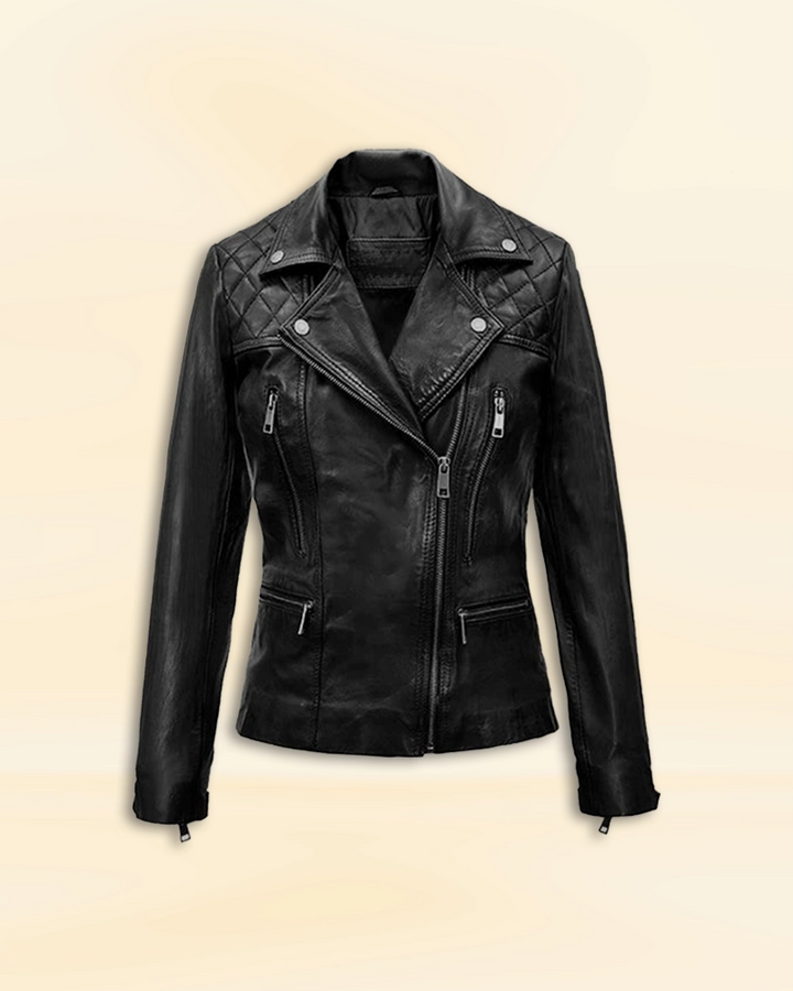 Black Biker Leather Jacket Worn By Emma Stone - Channel your inner rebel with this black leather jacket, as seen on actress Emma Stone, adding a touch of attitude to any outfit. in American style