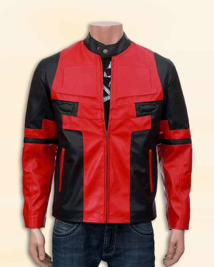 Ryan Reynolds Red and Black Deadpool Leather Jacket - Embrace the iconic style of Deadpool with this red and black leather jacket worn by actor Ryan Reynolds. in USA market