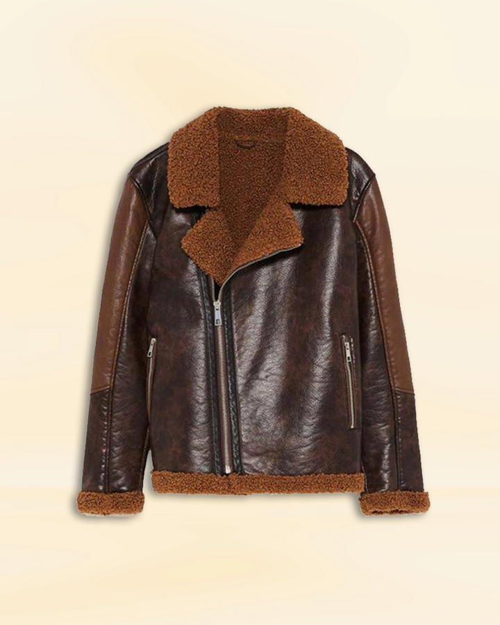 Stay warm and fashionable with Dean Ambrose's faux shearling brown leather jacket in USA market