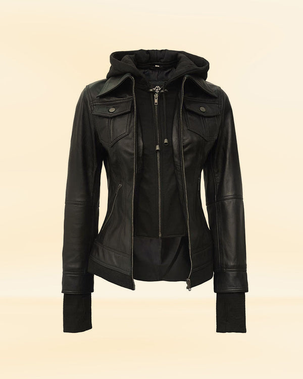 Women Black Bomber Leather Jacket with Removable Hood