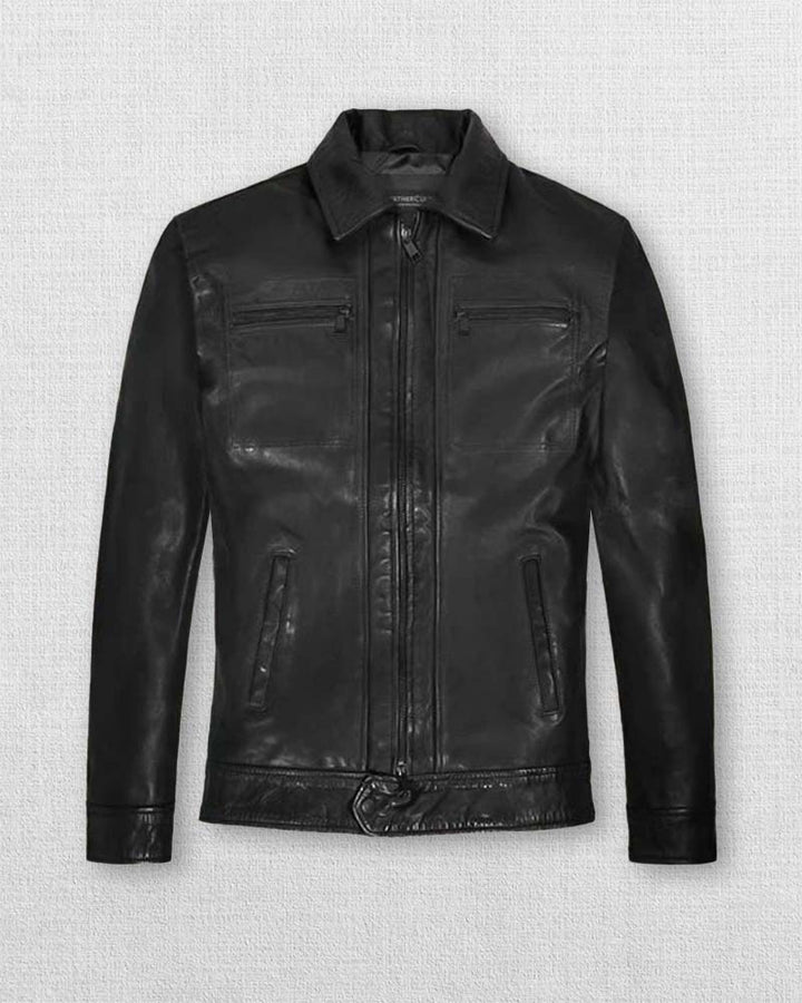 Men's black leather jacket by Steve Burton