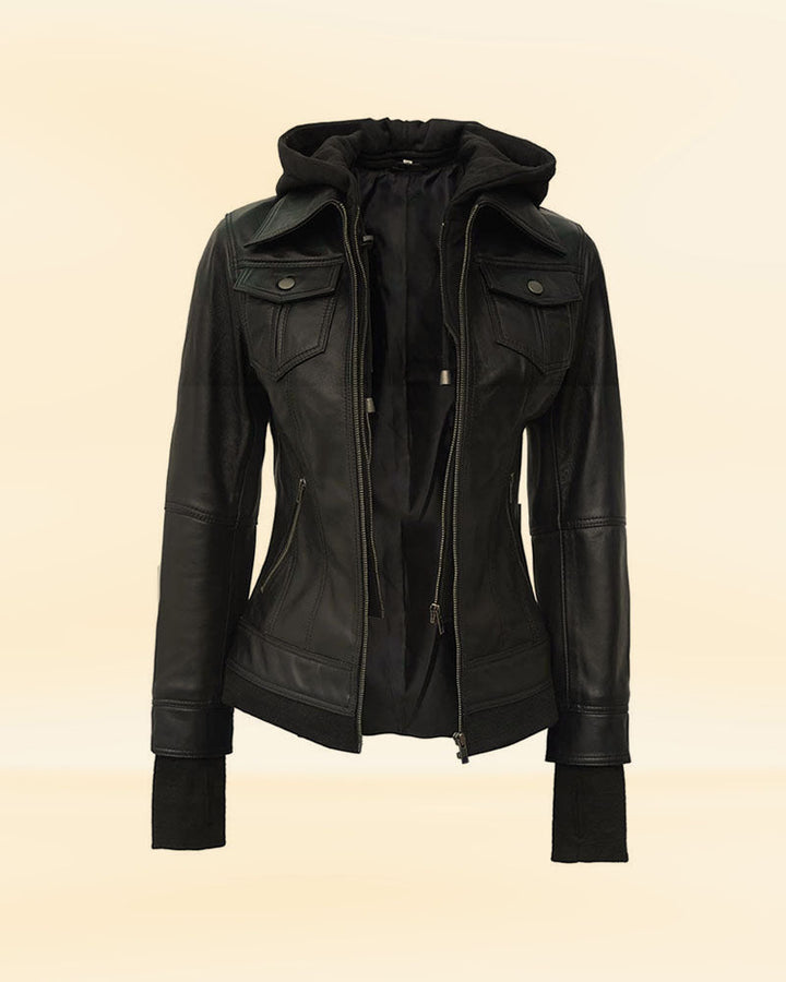 Men's black leather bomber jacket featuring a hood in USA