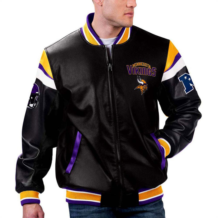 Multicolor leather jacket with NFL Minnesota Vikings design in France style