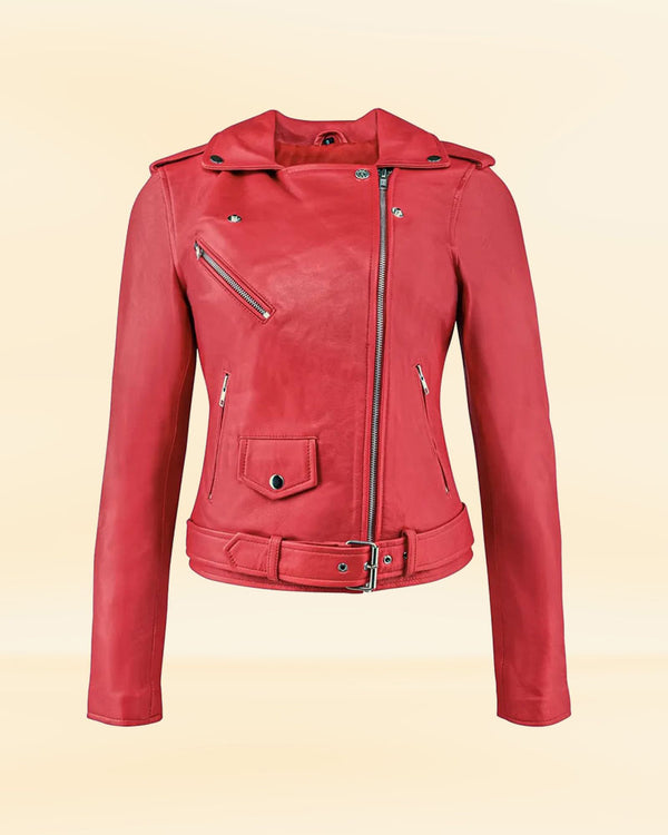 Buy Women's Red Leather Biker Jacket with White Stripes