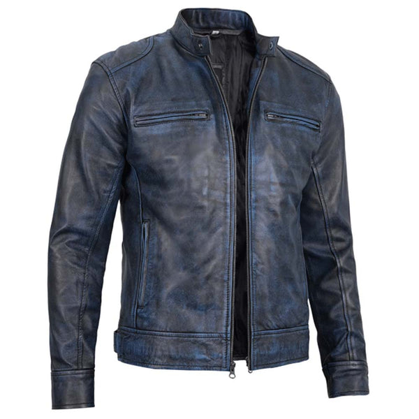 Buy Mens Dodge Blue Waxed Cafe Racer Leather Jacket