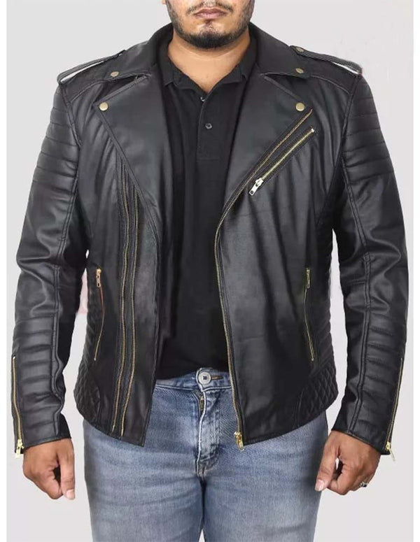 Buy MEN’S BLACK LEATHER BIKER JACKET WITH GOLD ZIPPERS