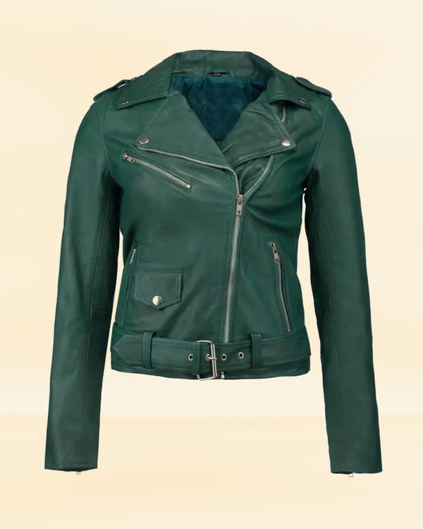 Women's Green Real Leather Jacket with Stylish Belt