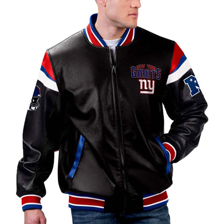 Men's leather jacket with NFL New York Giants logo in France style