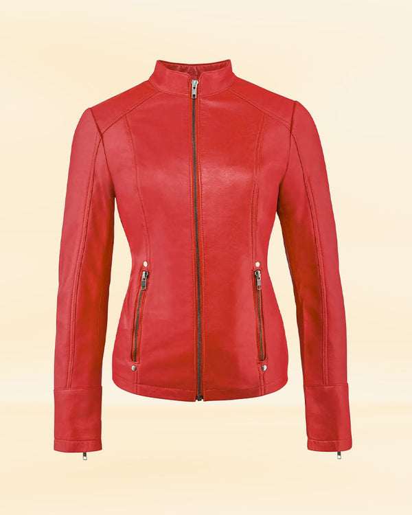 Buy Women's Red Real Leather Jacket with Studs