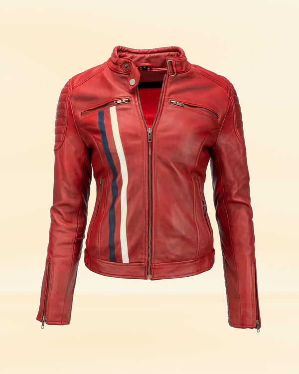 Women's Red Leather Biker Jacket with Stripes