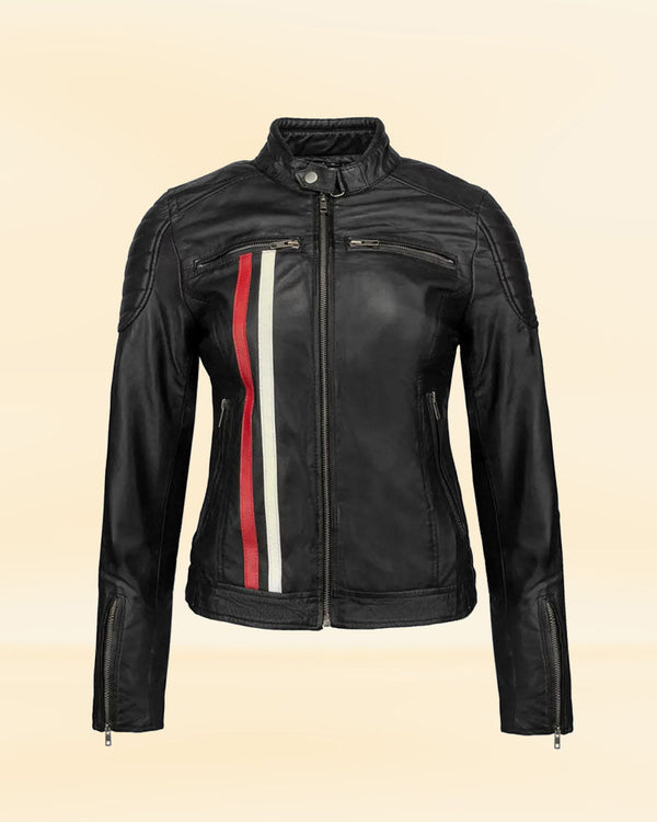 Women's Black Leather Biker Jacket with Stripes