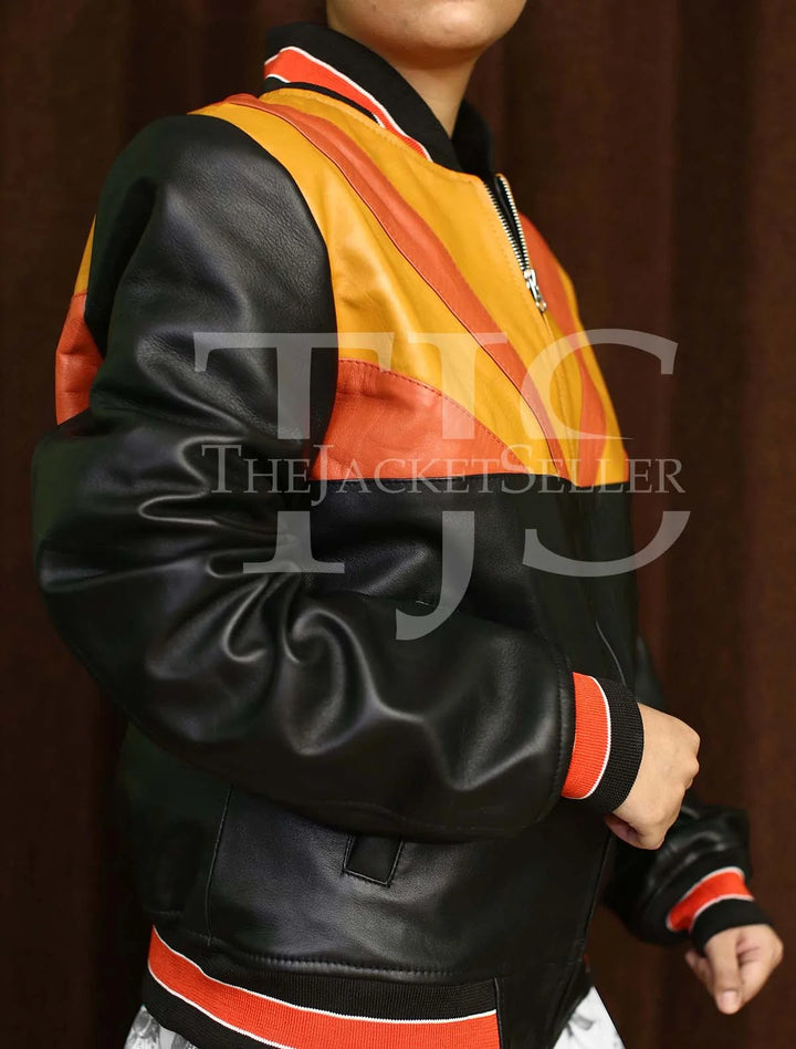 Retro sunrise-themed leather jacket with striped collar and cuffs