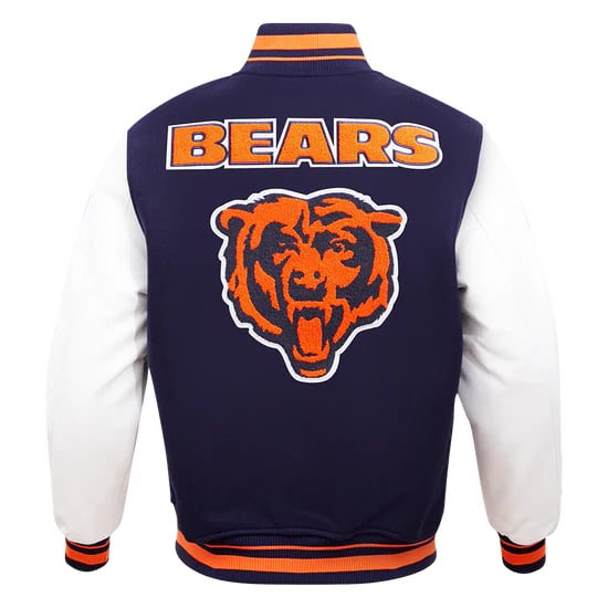 Stylish men's rib wool varsity jacket featuring Chicago Bears logo
