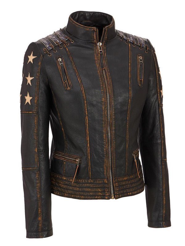 Women's Stars and Stripes Brown Vintage Leather Jacket