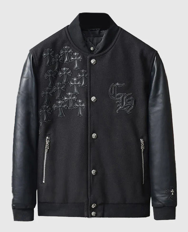 Men's Chrome Cross Letterman Bomber Black Jacket