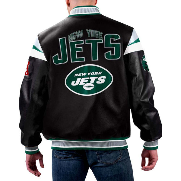 NFL New York Jets leather jacket with team logo in USA