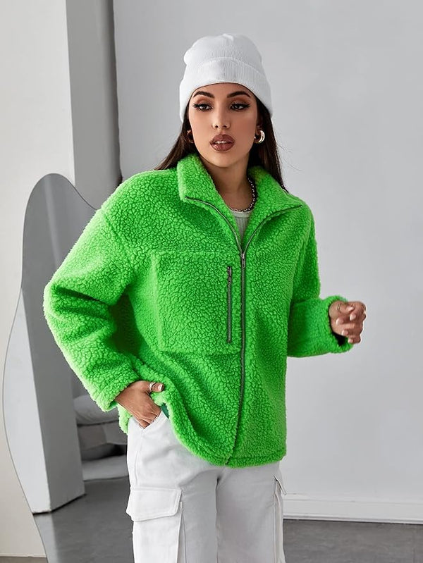 Buy Women's Fashion Jacket Drop Shoulder Zipper Teddy Jacket