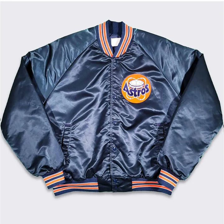 Navy satin jacket with Astros logo on a light gray background