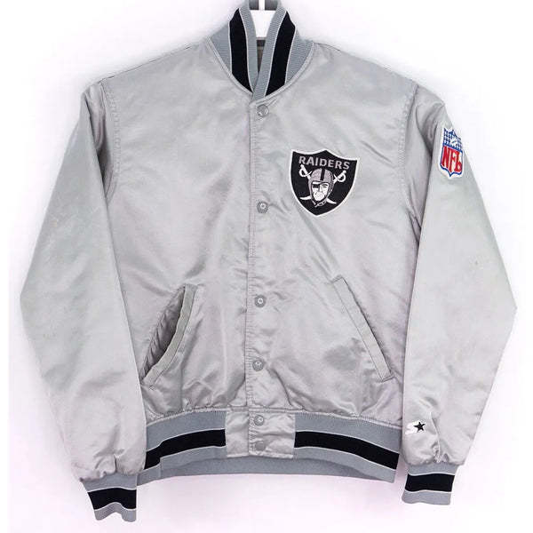 Las Vegas Raiders 80’s Silver Satin Jacket Front View in USA