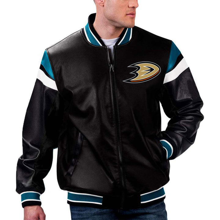 The Pricy NHL Jacket in Black Leather with Anaheim Ducks Logo in France style