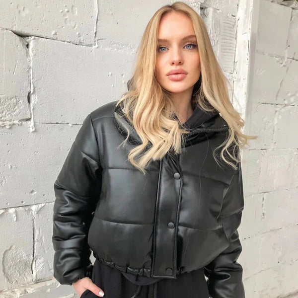 Women's black leather cropped puffer jacket in USA