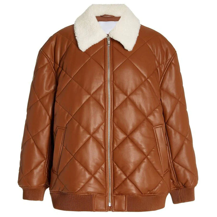 Brown leather bomber jacket with faux fur collar for women in France style