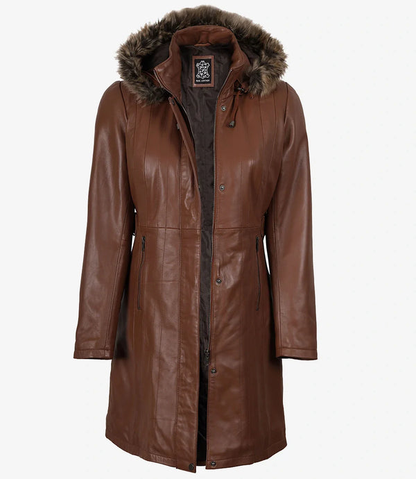 Women Brown Leather Coat With Fur Trim Removable Hood