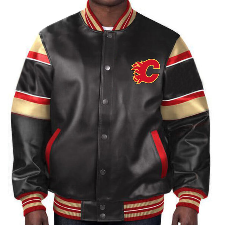 Sport this premium Calgary Flames leather jacket, featuring bold team colors and iconic designs for dedicated fans in Fracne style