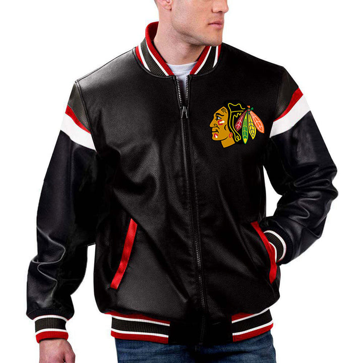 TJS Black Leather Jacket with Chicago Blackhawks NHL Logo in France style