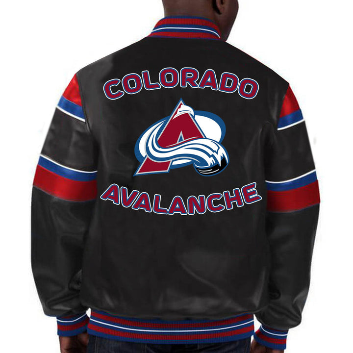 Sport this Colorado Avalanche Letterman Leather Jacket, embodying team pride with iconic Avalanche emblems for devoted fans in France style