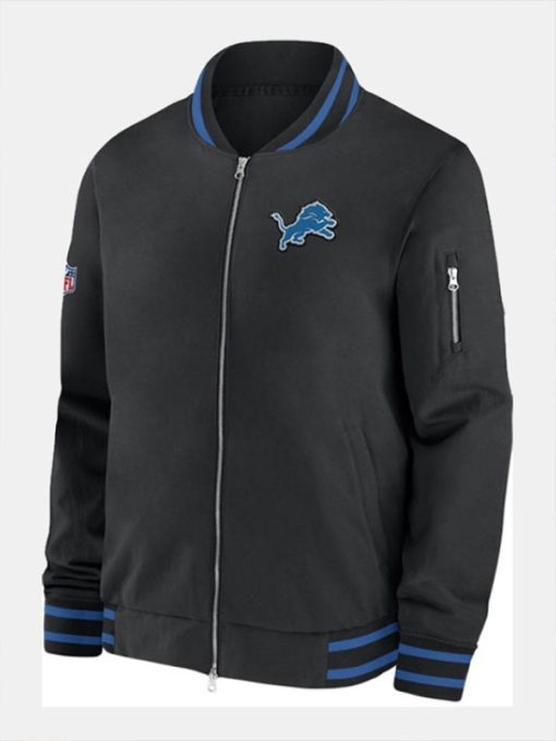 Black jacket with blue accents and a logo on a white background