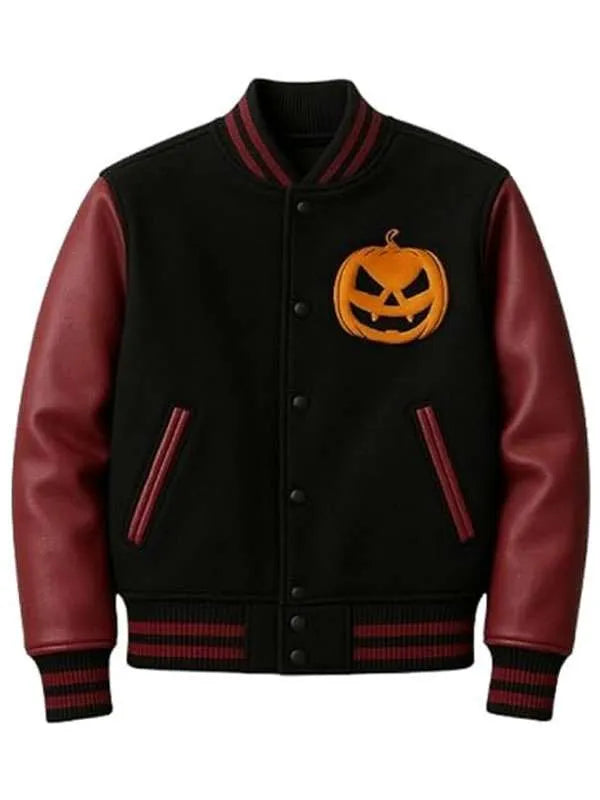 Black varsity jacket with red sleeves featuring a pumpkin patch design on a white background
