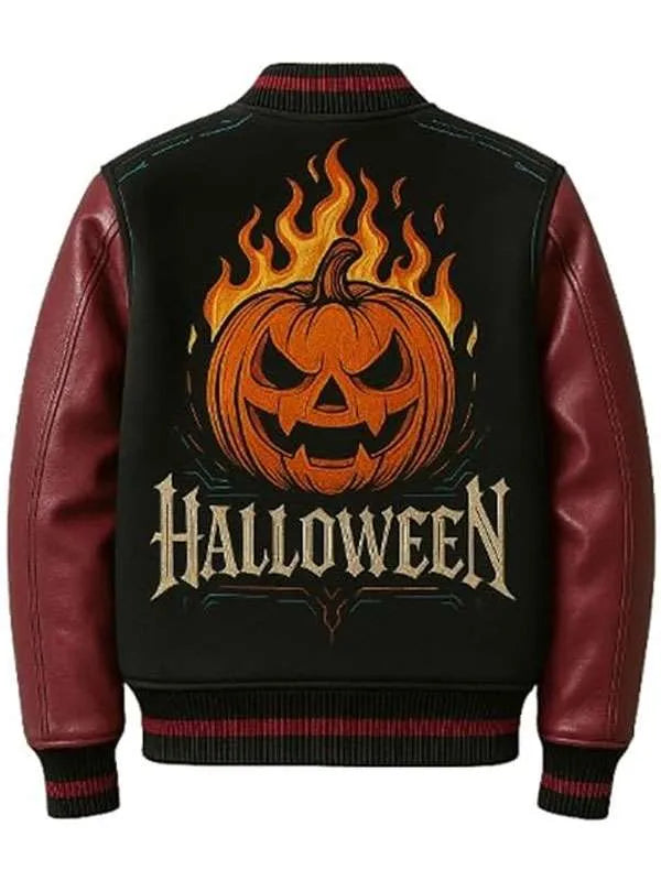 Black jacket with red leather sleeves featuring a Halloween pumpkin design.