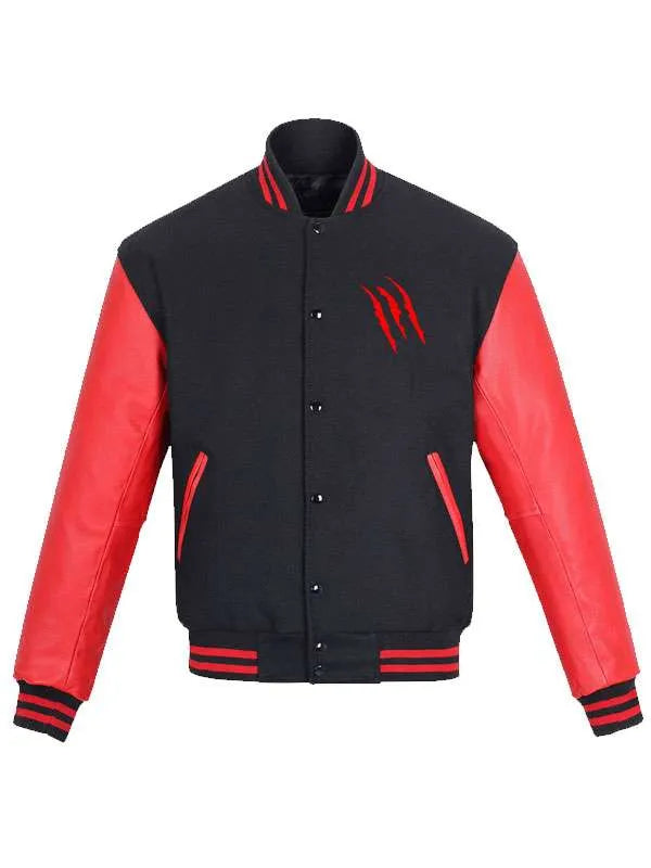 Black and red varsity jacket with a logo on a white background