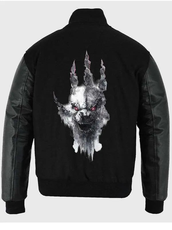 Black jacket with a graphic design on the back against a white background