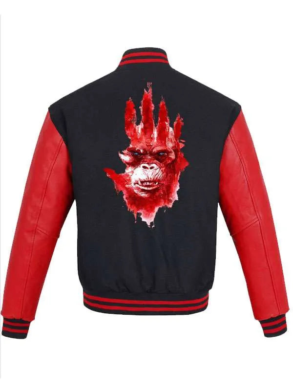 Black and red jacket with a graphic design on the back against a white background