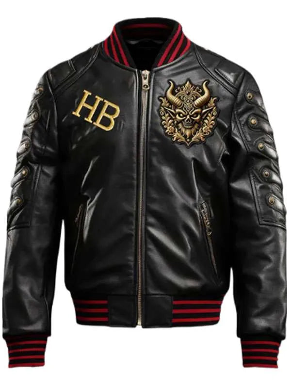 Black leather jacket with gold emblem and 'HB' logo on a white background