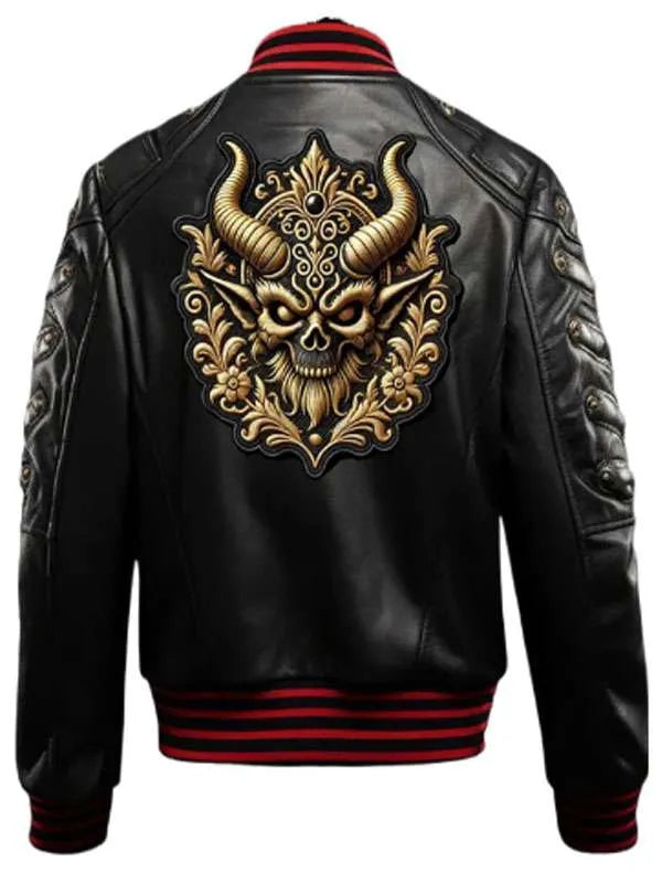 Black leather jacket with gold skull design on the back, red trim, and white background