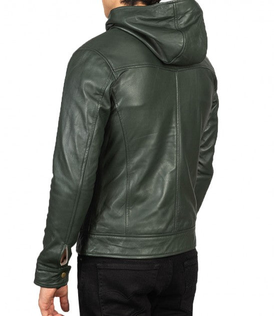 Genuine leather hooded biker jacket with quilted lining