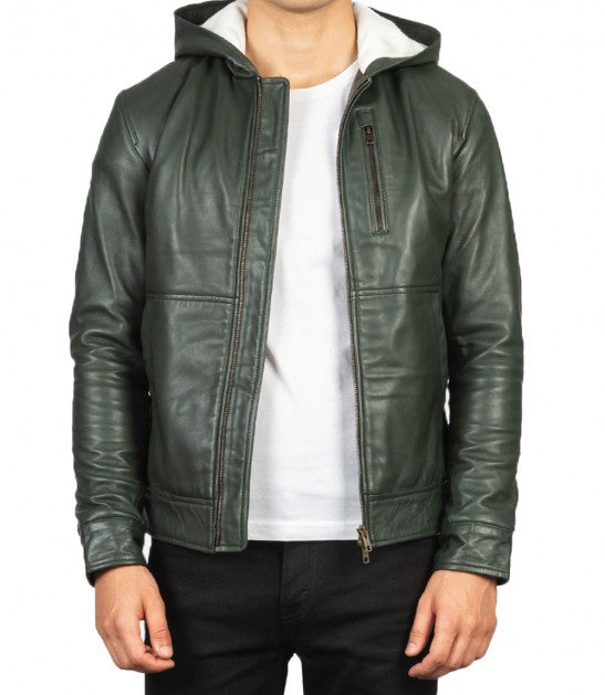 Green biker leather jacket with hood for men