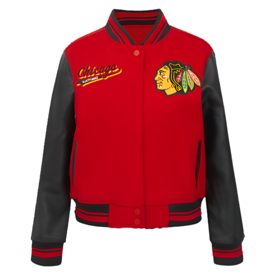 Women's Chicago Blackhawks Varsity Jacket in Wool with Script Tail Design