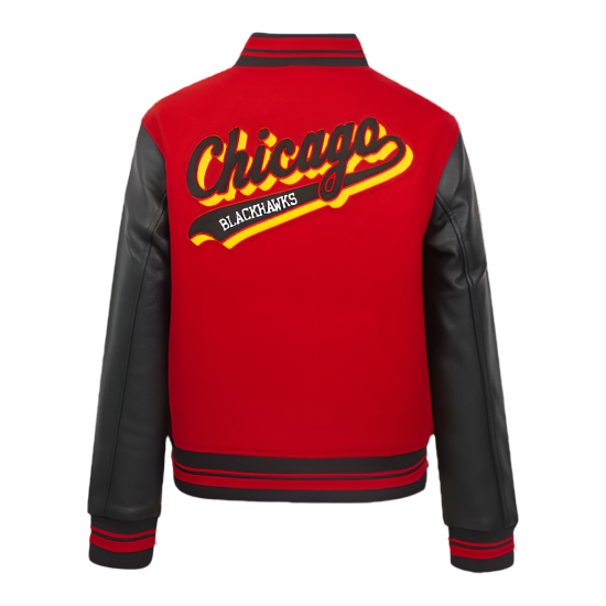 NHL Chicago Blackhawks Script Tail Women's Wool Varsity Jacket - Classic Style