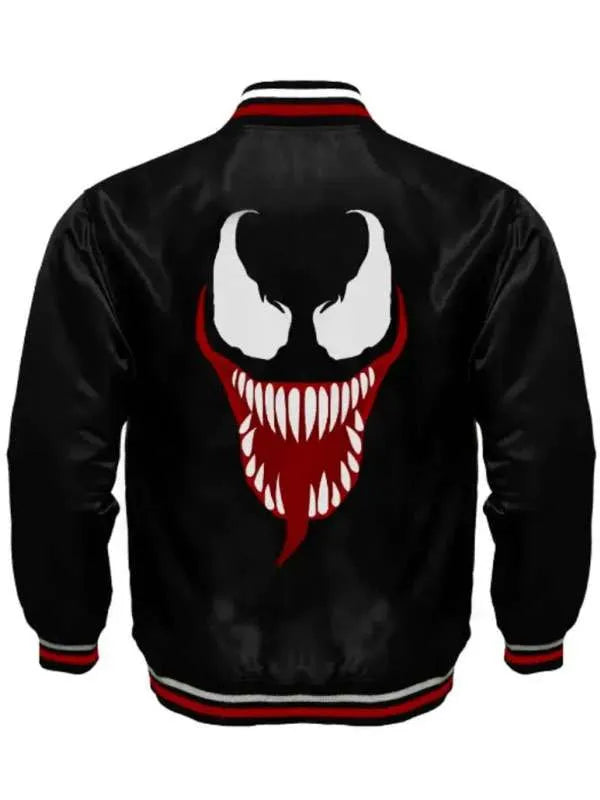 Black jacket with a red and white graphic on the back against a white background